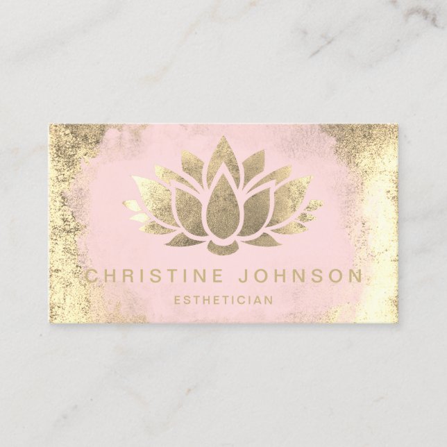 faux gold foil lotus flower on blush pink business card (Front)