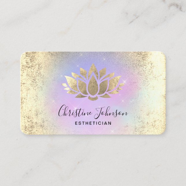 faux gold foil lotus logo on pastel purple business card (Front)