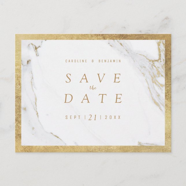 Faux gold foil marble luxury modern save the date announcement postcard (Front)