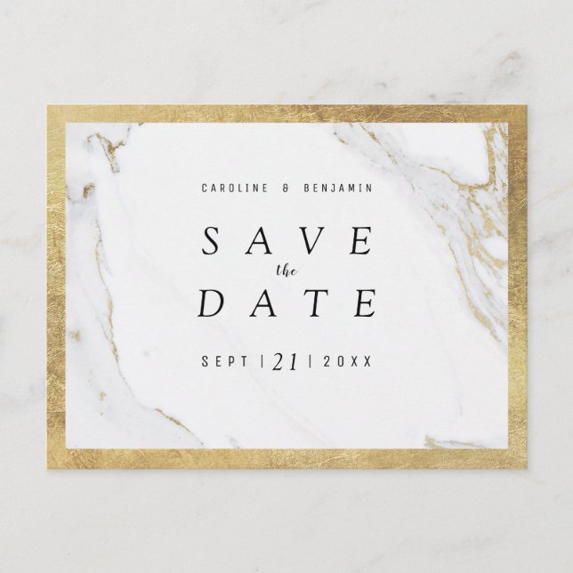 Faux gold foil marble luxury modern save the date announcement postcard (Front)