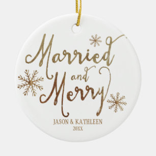 Faux Gold Foil MARRIED AND MERRY   2015 Holiday Ceramic Tree Decoration