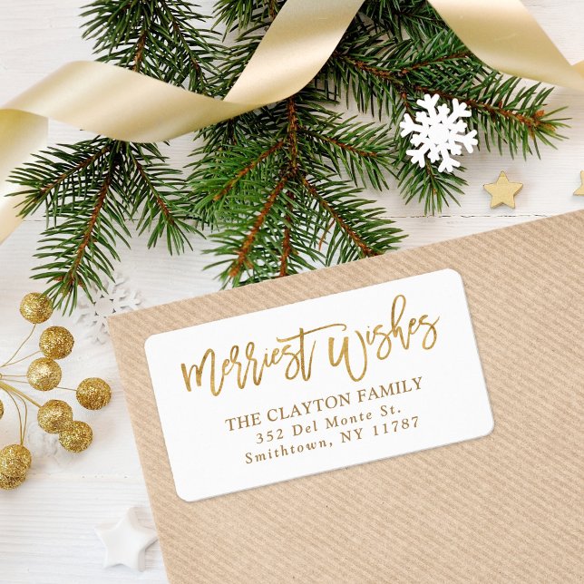 Faux Gold Foil Merriest Wishes Return Address Label (Creator Uploaded)