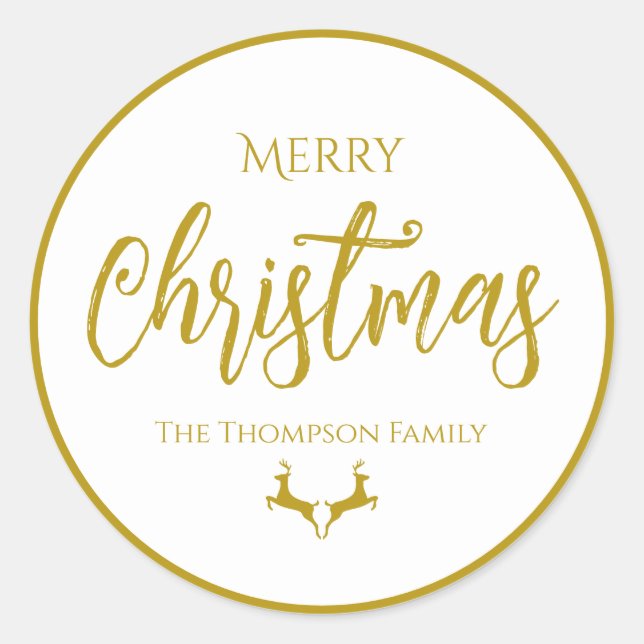 Faux-Gold Foil Merry Christmas| Family Name  Classic Round Sticker (Front)