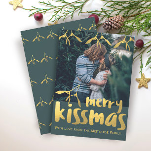 Faux Gold Foil Merry Kissmas Photo Christmas Card