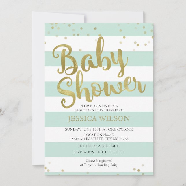 Faux Gold Foil, Mint Green Stripes Baby Shower Invitation (Front)