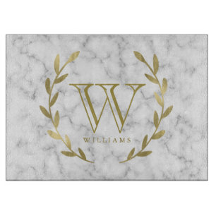 Faux Gold Foil Monogram on Marble Texture Cutting Board