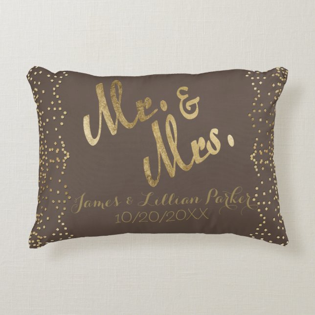 Faux Gold Foil "Mr. & Mrs." Monogram Wedding Decorative Cushion (Front)