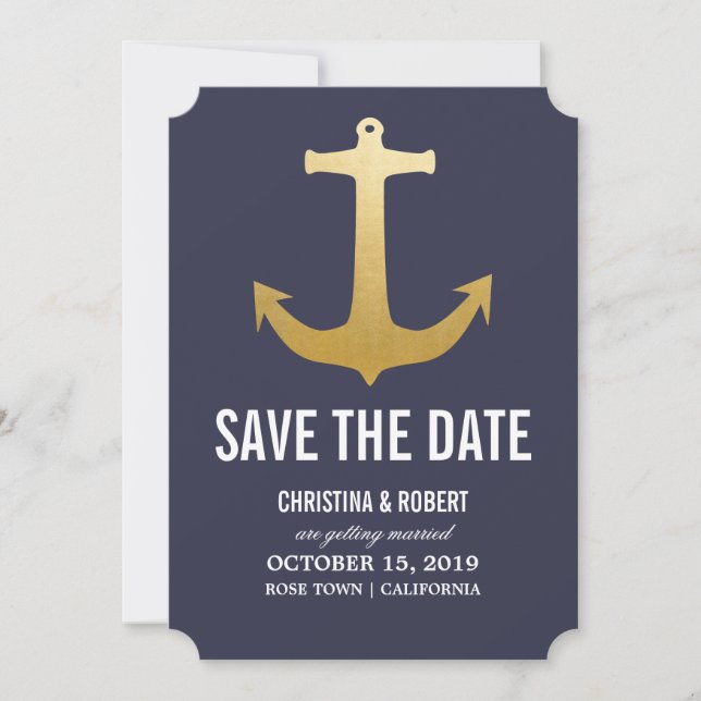 Faux Gold Foil Nautical Anchor Save The Date (Front)