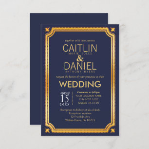 Faux Gold Foil Navy Blue Elegant Script Wedding Invitation