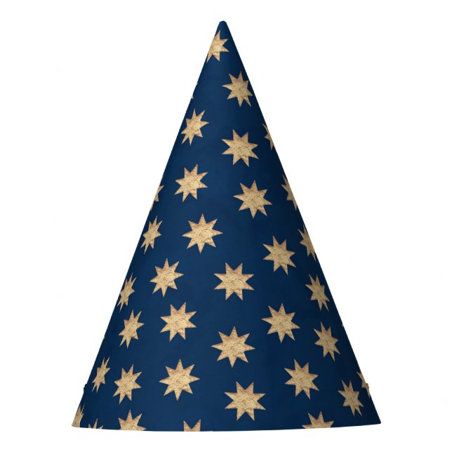 Faux Gold Foil & Navy Blue Stars Pattern Party Hat (Front)