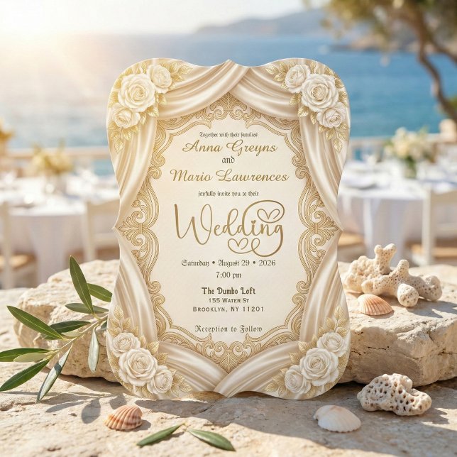 Faux Gold Foil Ornate Frame Printed Satin Wedding  Invitation (Creator Uploaded)