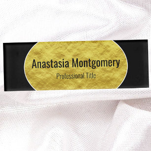Faux Gold Foil Oval Black Text Elegant Name Tag