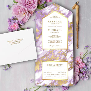 Faux Gold Foil Pastel Lavender Marble Wedding All In One Invitation