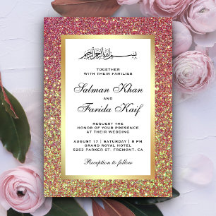 Faux Gold Foil Pastel Pink Glitter Islamic Wedding Invitation