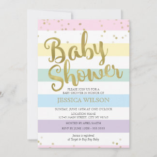 Faux Gold Foil, Pastel Rainbow Stripes Baby Shower Invitation
