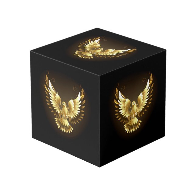 Faux Gold Foil Peace Dove on Black Cube (Front Angled)