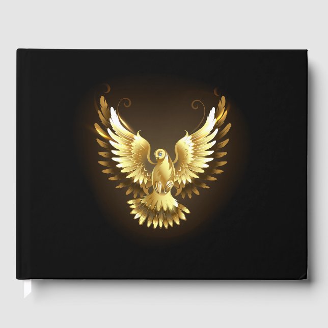 Faux Gold Foil Peace Dove on Black Guest Book (Front)