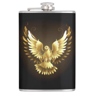Faux Gold Foil Peace Dove on Black Hip Flask