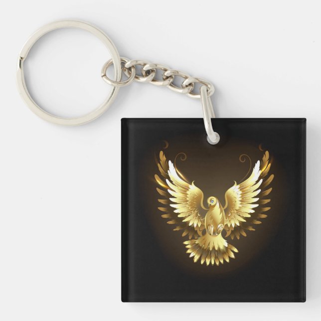 Faux Gold Foil Peace Dove on Black Key Ring (Front)