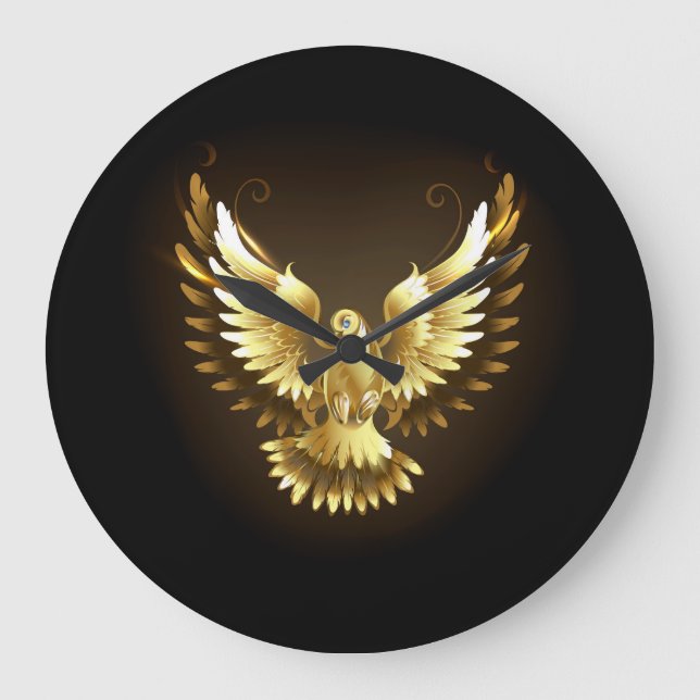 Faux Gold Foil Peace Dove on Black Large Clock (Front)