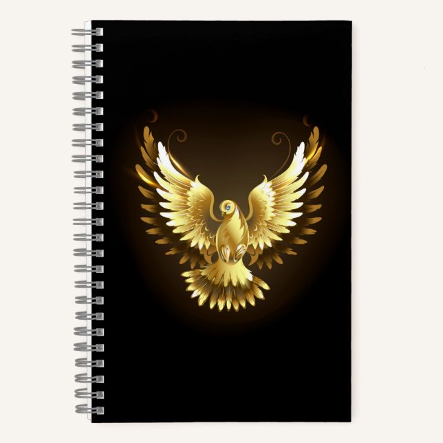 Faux Gold Foil Peace Dove on Black Notebook (Front)