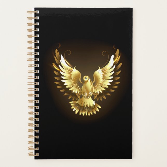 Faux Gold Foil Peace Dove on Black Planner (Front)