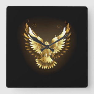 Faux Gold Foil Peace Dove on Black Square Wall Clock