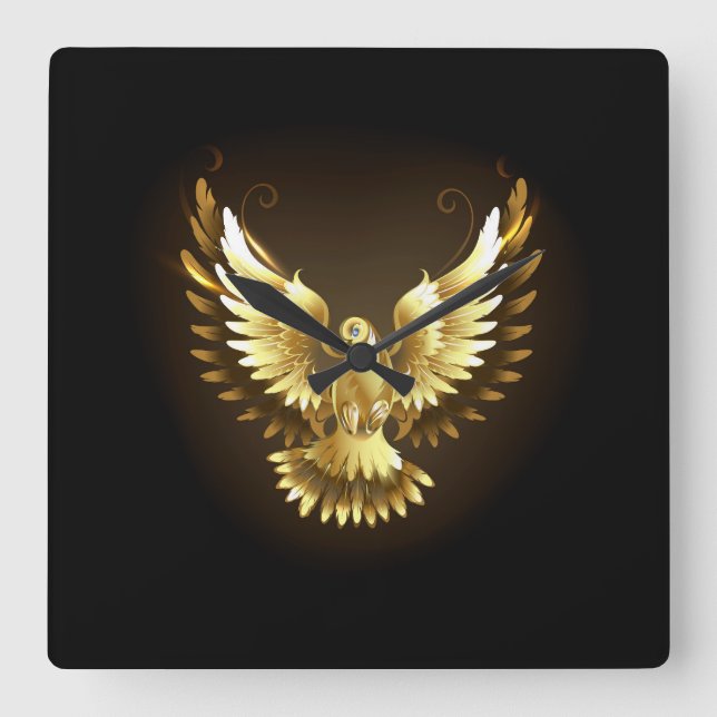 Faux Gold Foil Peace Dove on Black Square Wall Clock (Front)