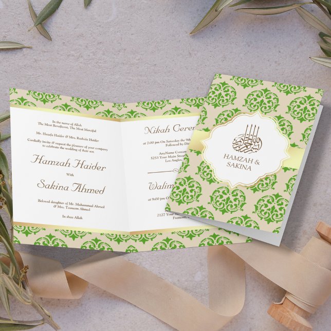 Faux Gold Foil Pear Green Damask Muslim Wedding Invitation (Creator Uploaded)