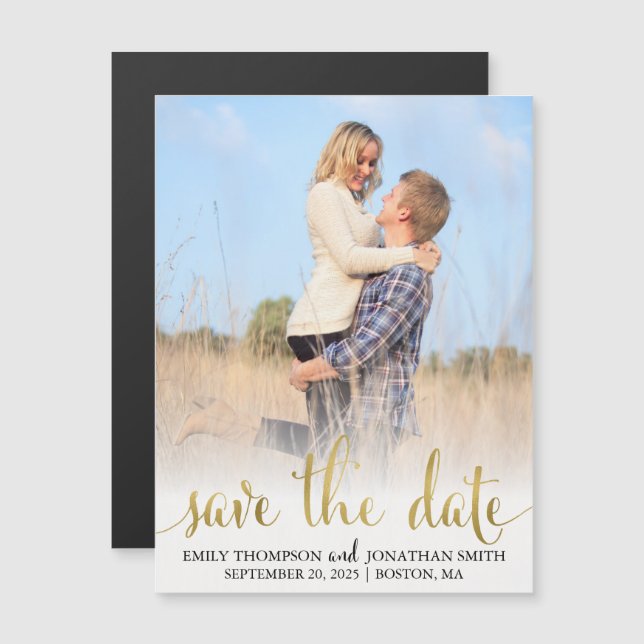 Faux Gold Foil Photo Wedding Save The Date Magnet (Front/Back)