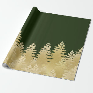 Faux Gold Foil Pine Trees Dark Green Background Wrapping Paper