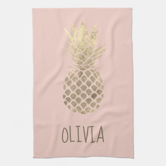 faux gold foil pineapple design on pink tea towel (Vertical)