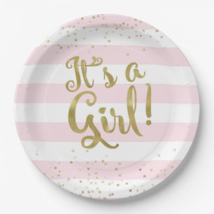 Faux Gold Foil Pink Stripes Baby Shower Its a Girl Paper Plate
