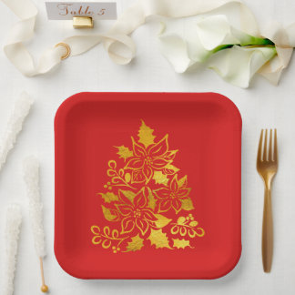 Faux Gold Foil Poinsettias Christmas Trees  Paper Plate