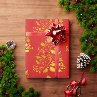Faux Gold Foil Poinsettias Christmas Trees  Wrapping Paper