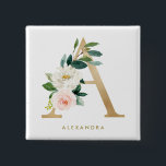 Faux Gold Foil Pretty Floral Letter A Monogram 15 Cm Square Badge<br><div class="desc">Feminine and elegant floral button featuring watercolor illustrations of flowers,  greenery and faux foil monogram. Personalise by adding a name or short phrase. This monogram floral button  will be perfect as a personalised gift.</div>