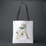 Faux Gold Foil Pretty Floral Letter A Monogram Tote Bag<br><div class="desc">Feminine and elegant floral tote bag  featuring watercolor illustrations of flowers,  greenery and faux foil monogram. Personalise by adding a name or short phrase. This monogram floral tote bag will be perfect as a personalised gift.</div>