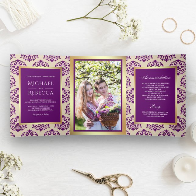 Faux Gold Foil Purple Damask Wedding Photo Tri-Fold Invitation (Creator Uploaded)