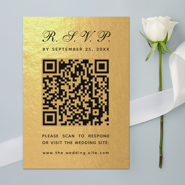 Faux Gold Foil QR Code Black Script Luxury Wedding RSVP Card (Creator Uploaded)