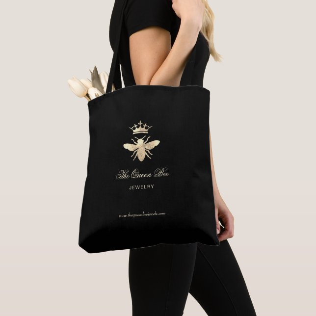 faux gold foil queen bee jewellery shop logo tote bag (Close Up)