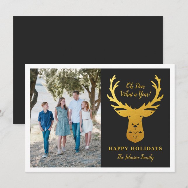 Faux Gold Foil Reindeer Oh Deer Photo Holiday Card (Front/Back)