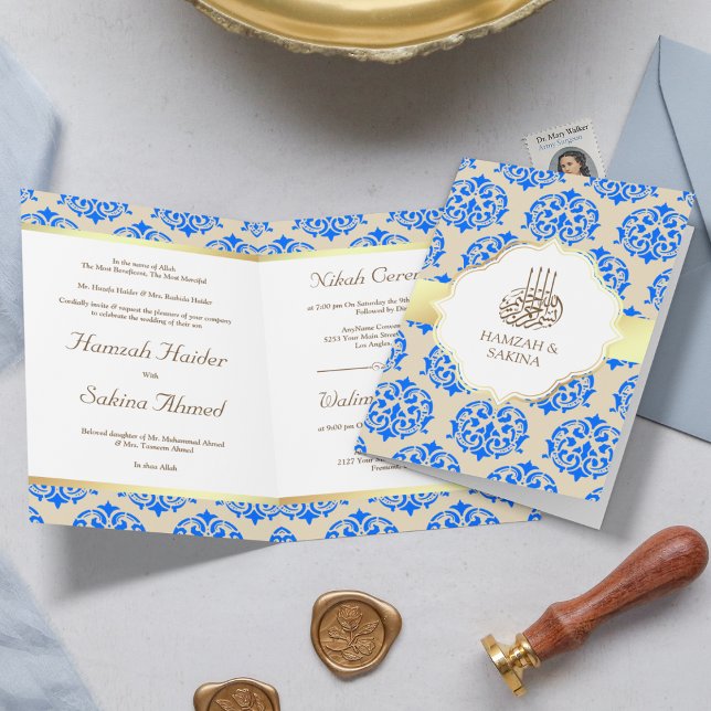 Faux Gold Foil Royal Blue Damask Muslim Wedding Invitation (Creator Uploaded)