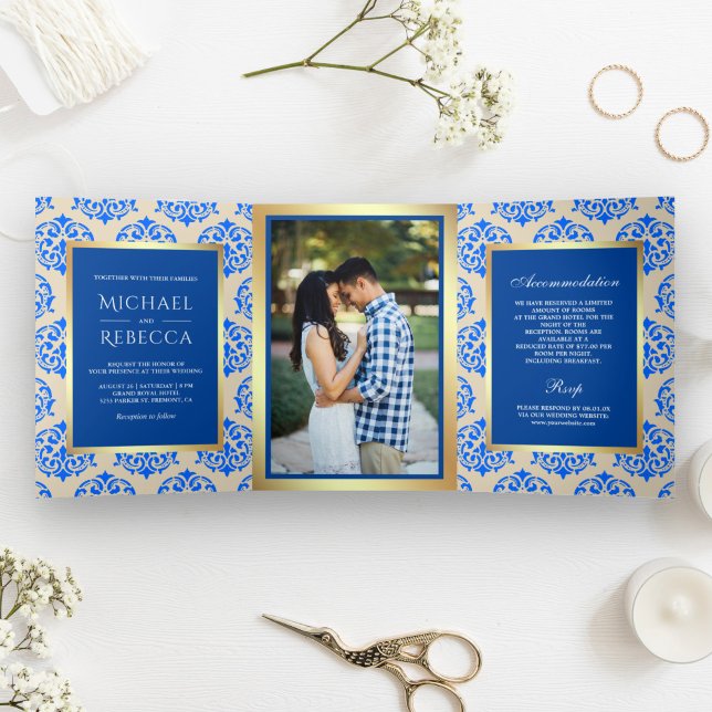 Faux Gold Foil Royal Blue Damask Wedding Photo Tri-Fold Invitation (Creator Uploaded)