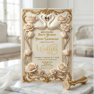 Faux Gold Foil & Satin Effect Baroque Swan Invitation
