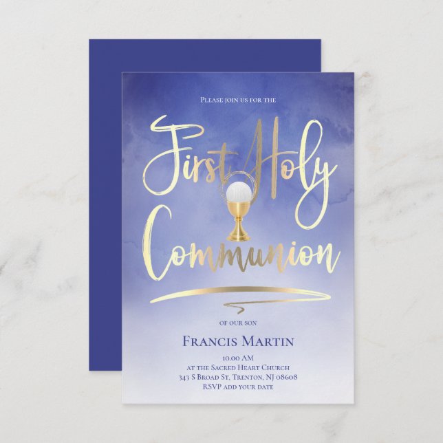 FAUX gold foil script on blue | First Communion Invitation (Front/Back)