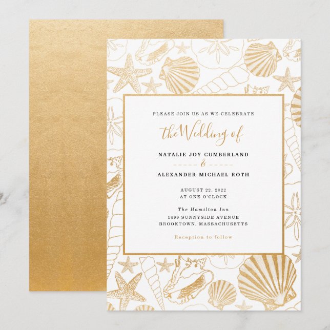 Faux gold foil sea shell wedding, beach theme invitation (Front/Back)