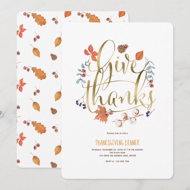 Faux Gold Foil, Simple, GIve thanks Invitation (Front/Back)