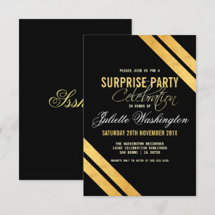 Faux Gold Foil Strip Black Surprise Birthday Party Invitation