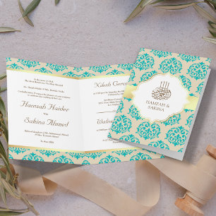 Faux Gold Foil Teal Blue Damask Muslim Wedding Invitation