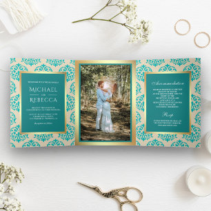 Faux Gold Foil Teal Damask Wedding Photo Tri-Fold Invitation